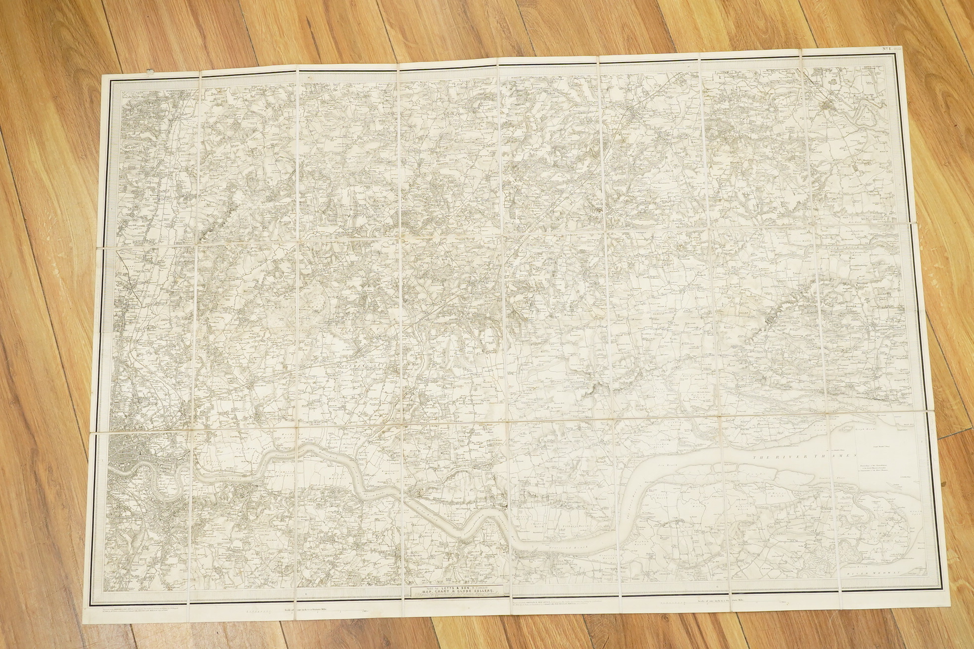 Kent, Ordnance Survey maps, comprising of a set of six engraved maps mounted on linen covering Kent, with portions of Essex, Hertfordshire, Middlesex, Surrey and Sussex, sheet no.s; 1, 2, 3, 4, 5 and 6, engraved at the O